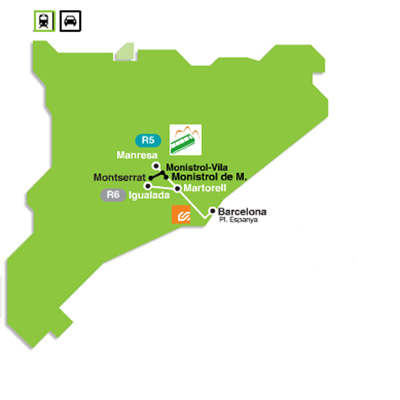 Mapa de com arribar al Santuari de Montserrat en tren / Mapa de como llegar en tren al Santuario de Montserrat